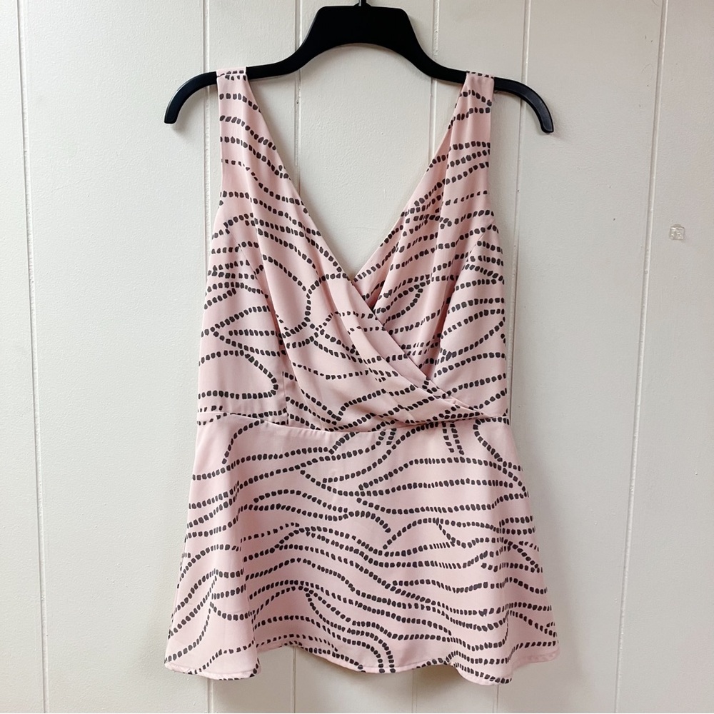 CAbi Coquette Romantic Cocktail Faux Wrap Peplum Top SZ 8 Blush Pink Gray Flirty